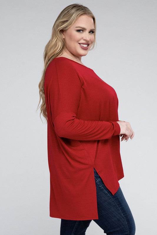 Zenana Women's Plus Dolman Sleeve V-Neck Side Slit Hi-Low Hem Blouse - Rosa Apparel