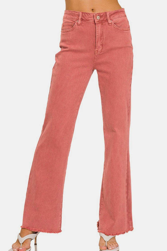 Zenana Acid Washed Frayed Hem Bootcut Jeans - Rosa Apparel