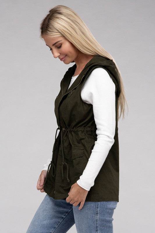 Zenana Drawstring Waist Sleeveless Military Hoodie Vest - Rosa Apparel