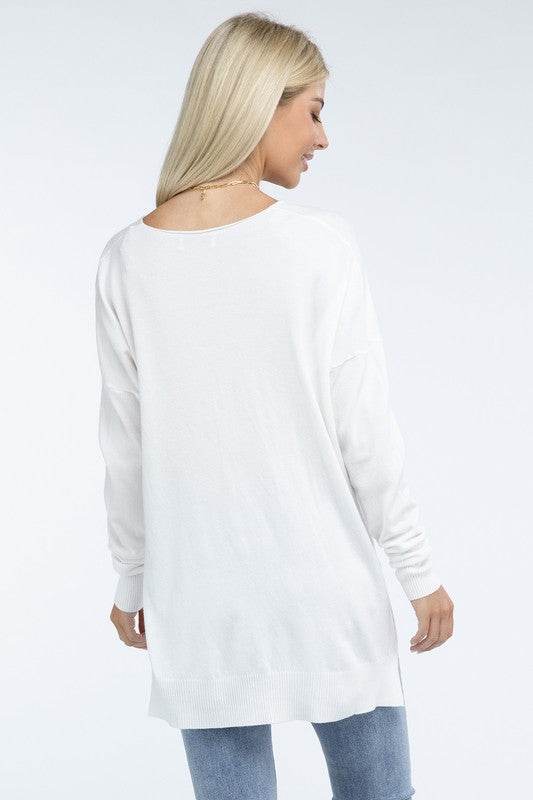 Zenana Hi-Low Hem Front Seam V-Neck Sweater - Rosa Apparel