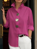 Stand-Up Collar Metal Button Long Sleeve Shirt – Women’s Loose Fit