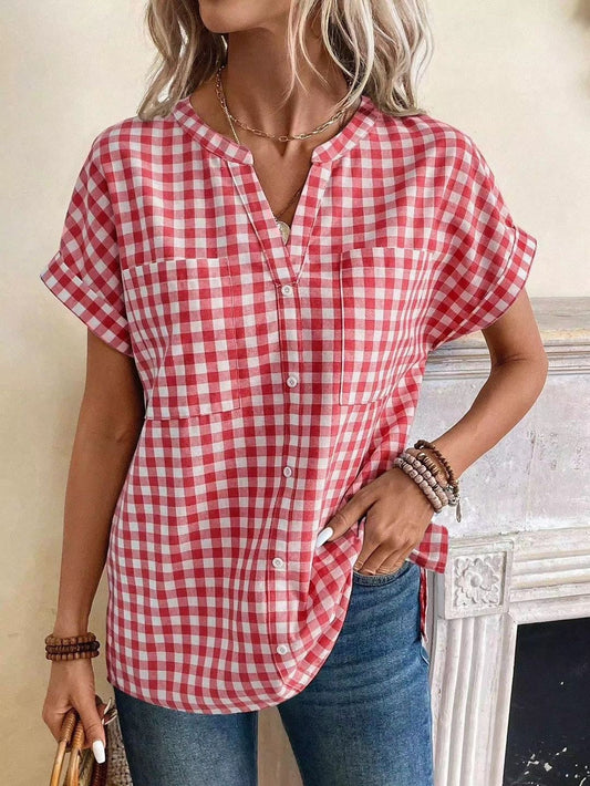 Miss Sparkling Red Gingham Button Front Shirt Top