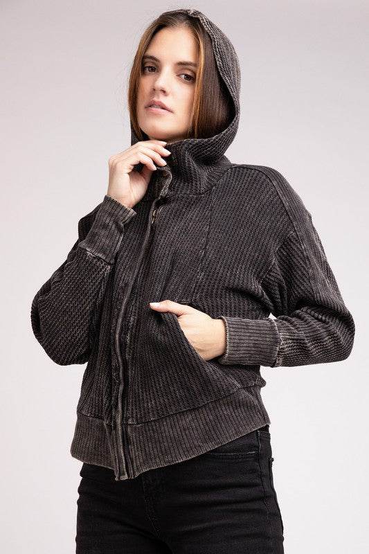 Zenana Acid Wash Cotton Waffle Hooded Zip-Up Jacket - Rosa Apparel