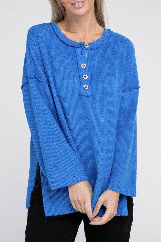 Zenana Ribbed Brushed Melange Hacci Henley Sweater - Rosa Apparel