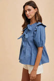Annie Wear Stripe Front Bow Denim Peplum Blouse - Rosa Apparel