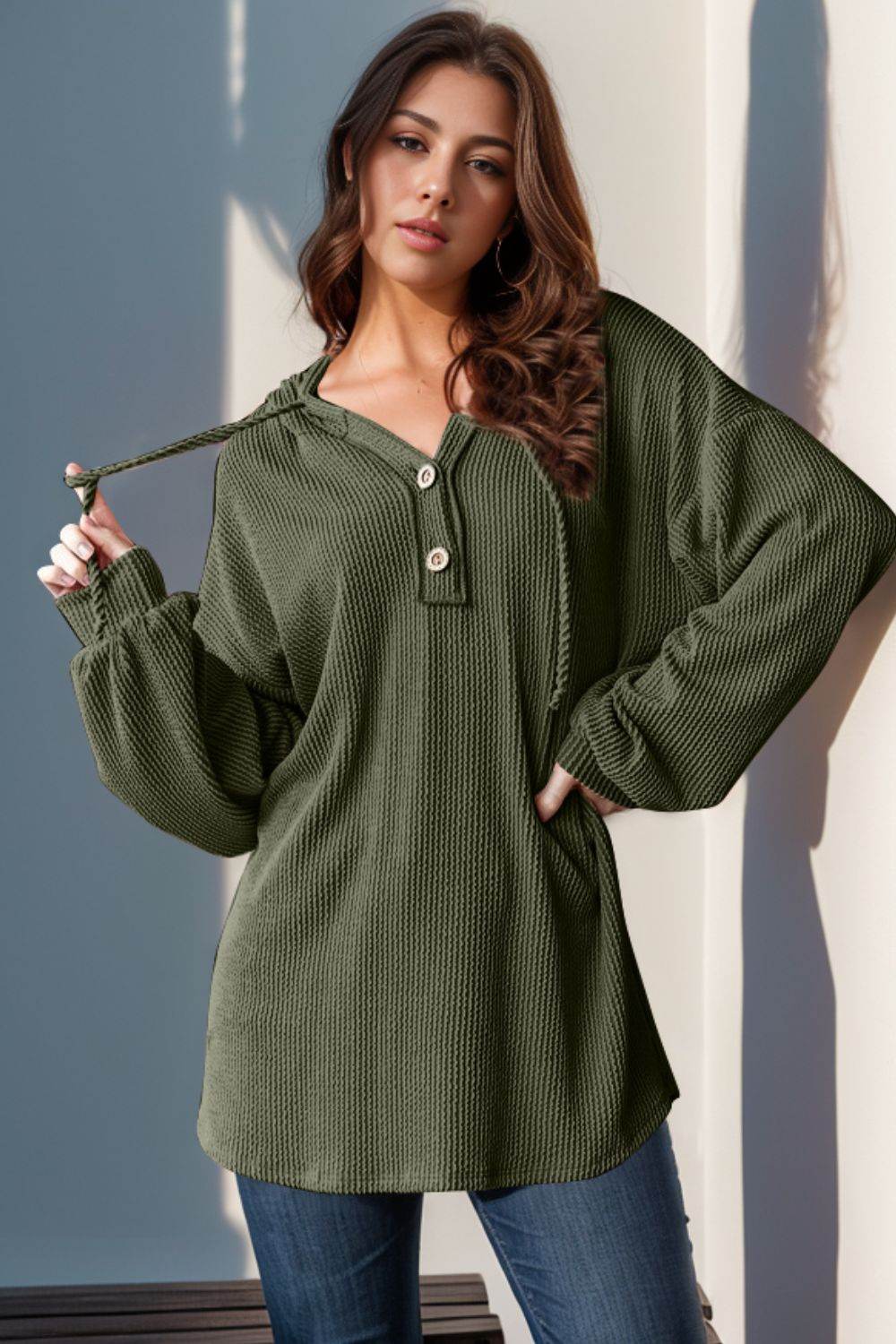 Double Take Full Size Half Button Long Sleeve Hoodie - Rosa Apparel