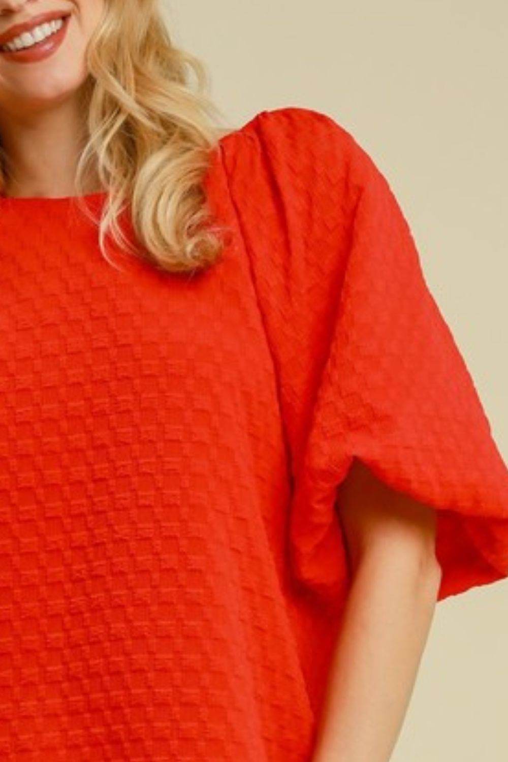 Umgee Full Size Boxy Cut Jacquard Round Neck Top with Side Slit Plus Size - Rosa Apparel