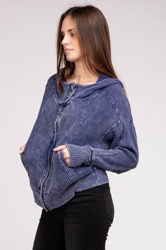 Zenana Acid Wash Cotton Waffle Hooded Zip-Up Jacket - Rosa Apparel