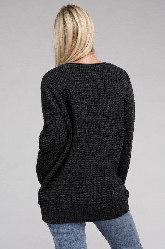 Zenana Low Gauge Waffle Open Cardigan Sweater - Rosa Apparel