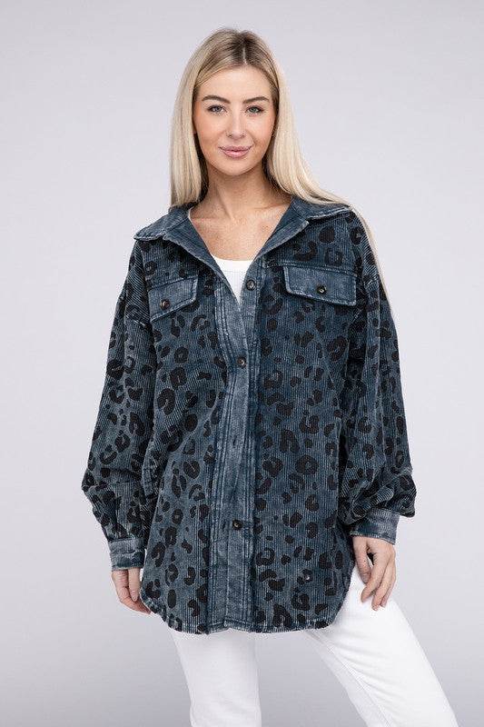 BiBi Vintage Washed Leopard Corduroy Buttoned Jacket - Rosa Apparel