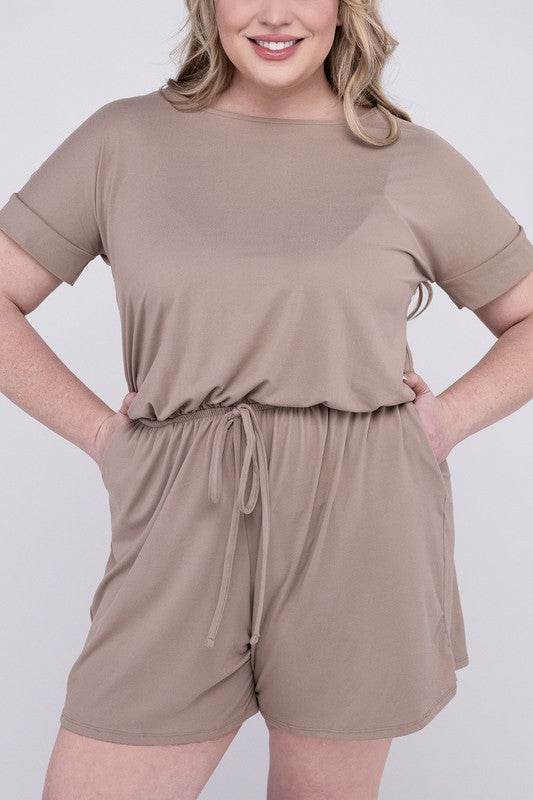 Zenana Plus Brushed DTY Round Neck Short Sleeves Romper with Pockets - Rosa Apparel