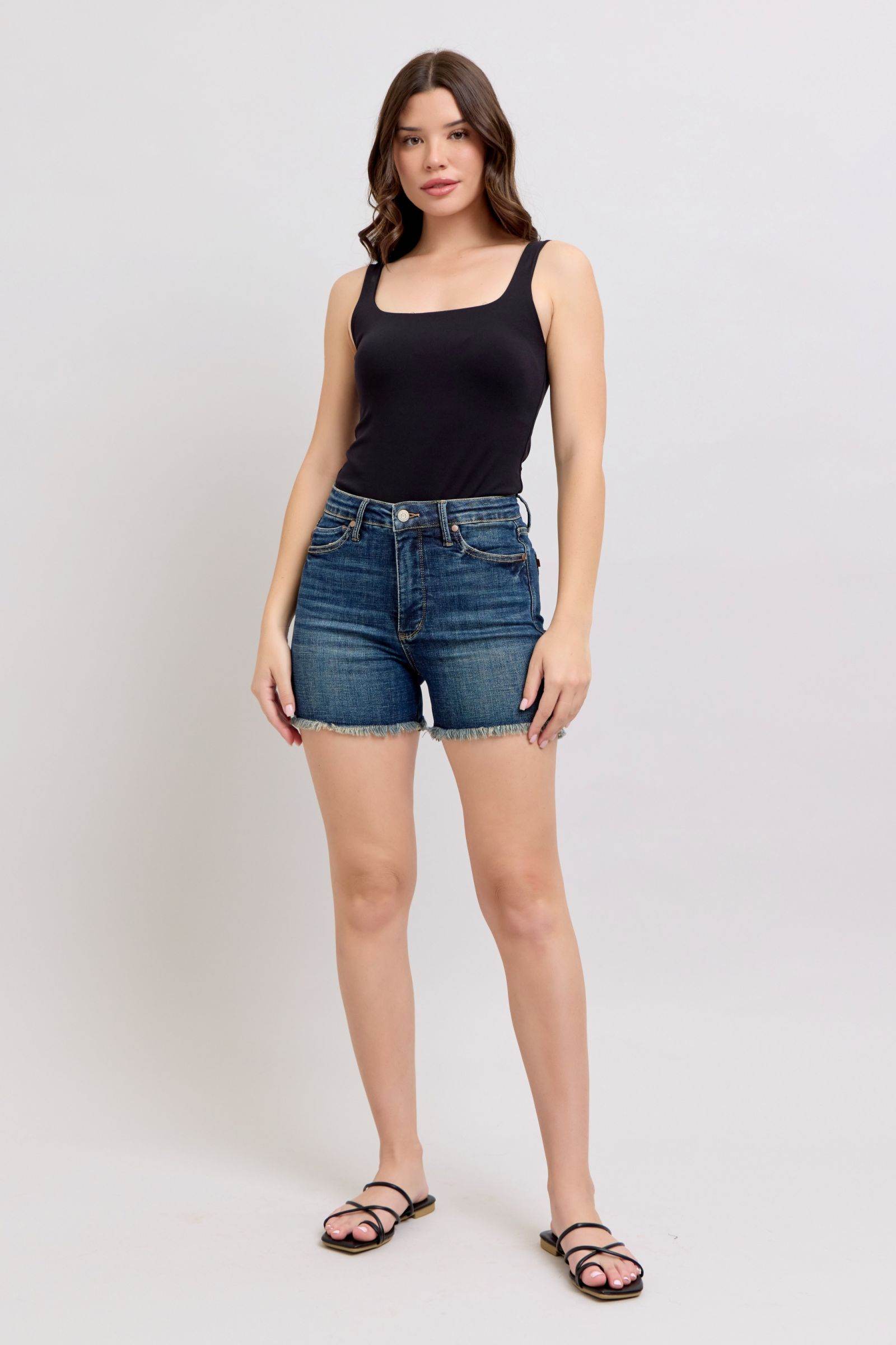 Judy Blue Tummy Control Fray Hem & Shield Back Pockets Denim Shorts - Rosa Apparel