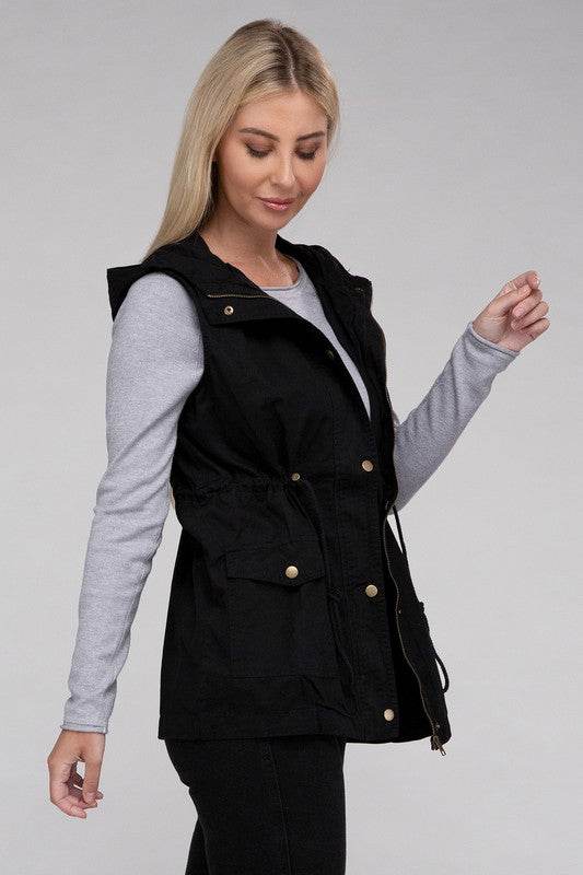 Zenana Drawstring Waist Sleeveless Military Hoodie Vest - Rosa Apparel
