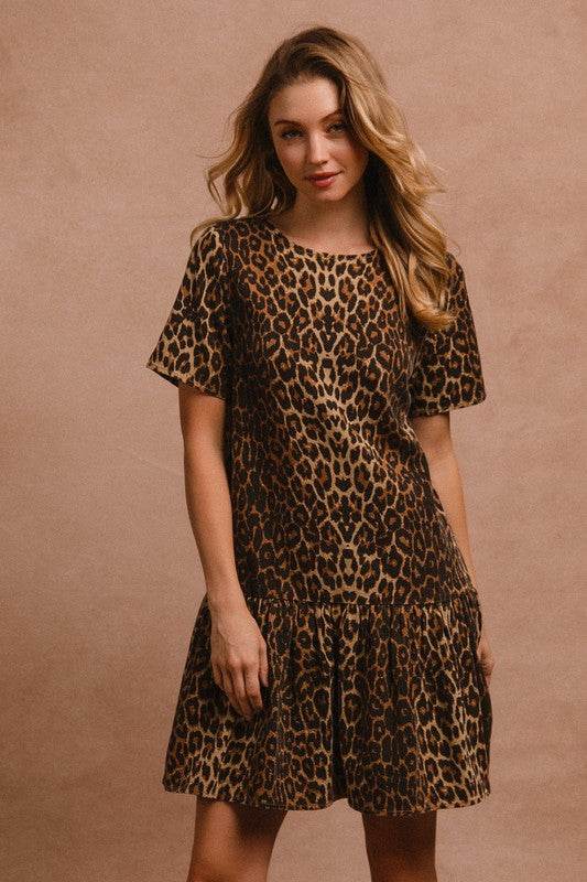 BiBi Tie Back Leopard Round Neck Short Sleeve Dress - Rosa Apparel