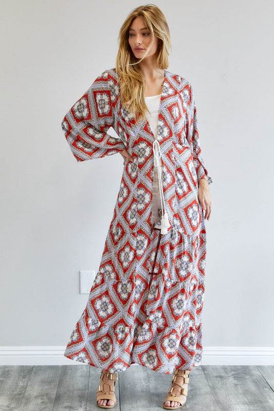 Davi & Dani Printed Long Sleeve Loose Kimono - Rosa Apparel