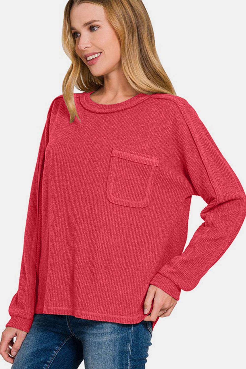 Zenana Full Size Contrast Stitching Brushed Ribbed Hacci Knit Top - Rosa Apparel