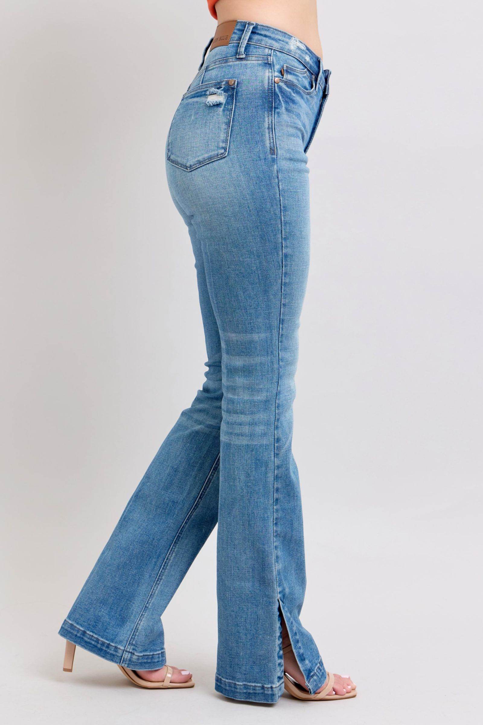 Judy Blue HW Tummy Control Vintage Wash Side Slit Slim Boot Jeans - Rosa Apparel