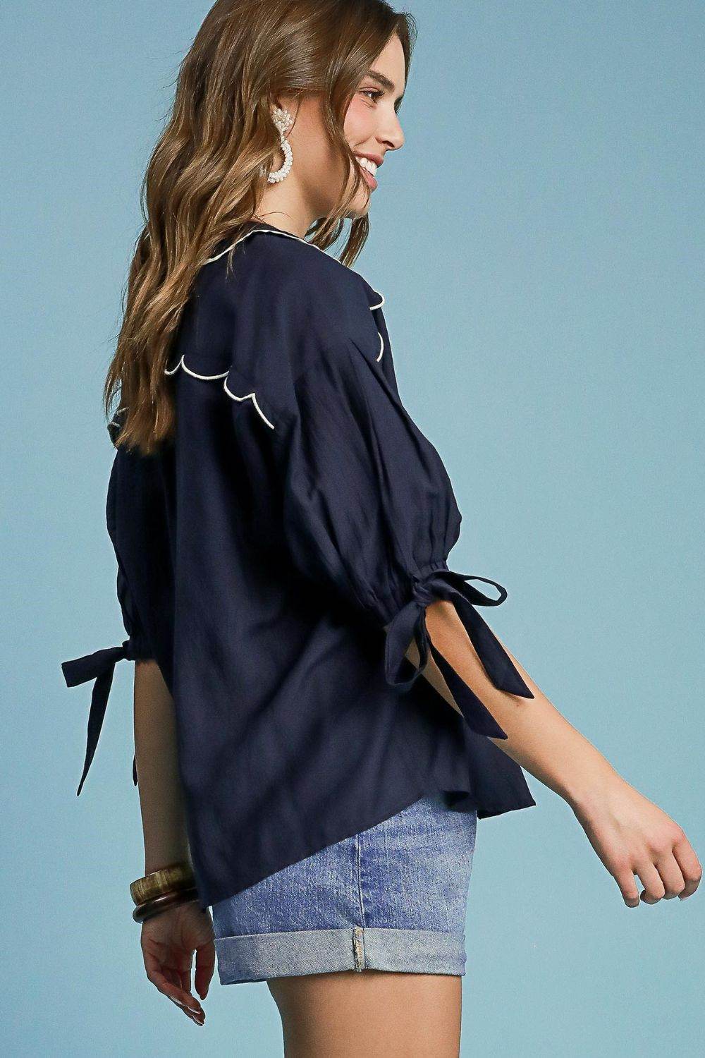 Umgee Full Size Embroidered Detail Button Down Shirt Plus Size - Rosa Apparel