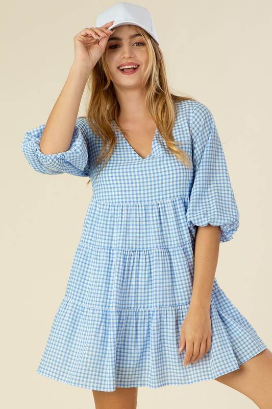 Lilou Gingham Checked Tiered Puff 3/4 Sleeves V-Neck Mini Dress - Rosa Apparel