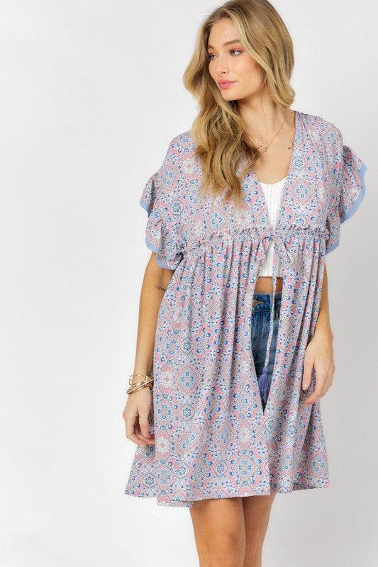 Davi & Dani Printed Short Sleeve Ruffle Kimono - Rosa Apparel