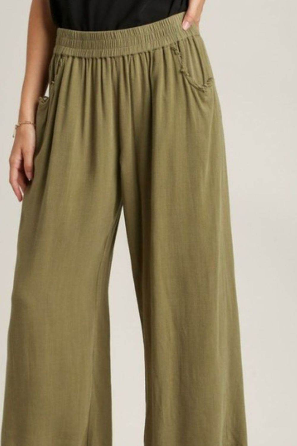 Umgee Full Size Linen Blend Elastic Waistband Wide Leg Pants Plus Size - Rosa Apparel
