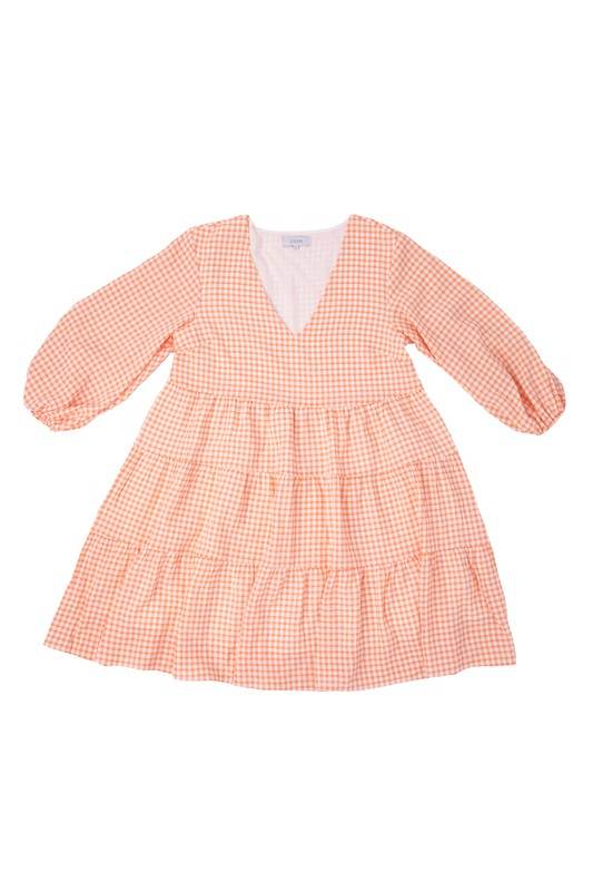 Lilou Gingham Checked Tiered Puff 3/4 Sleeves V-Neck Mini Dress - Rosa Apparel