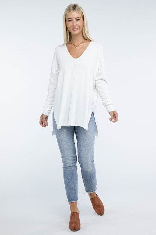 Zenana Hi-Low Hem Front Seam V-Neck Sweater - Rosa Apparel