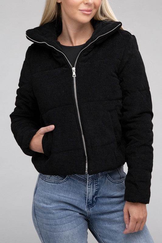 Ambiance Cozy Corduroy Zip-Up High Collar Jacket - Rosa Apparel
