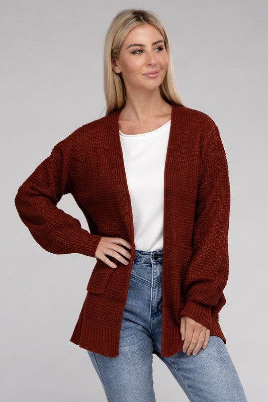 Zenana Low Gauge Waffle Open Cardigan Sweater - Rosa Apparel