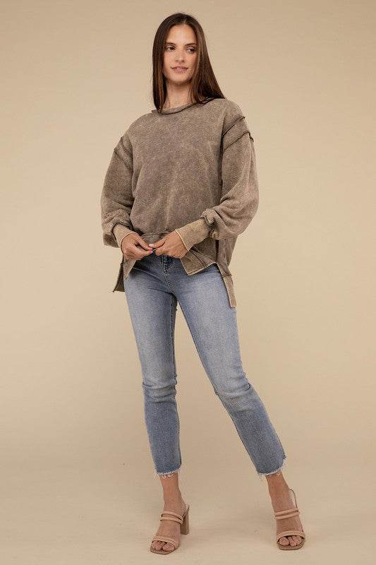 Zenana Acid Wash French Terry Exposed-Seam Sweatshirt - Rosa Apparel