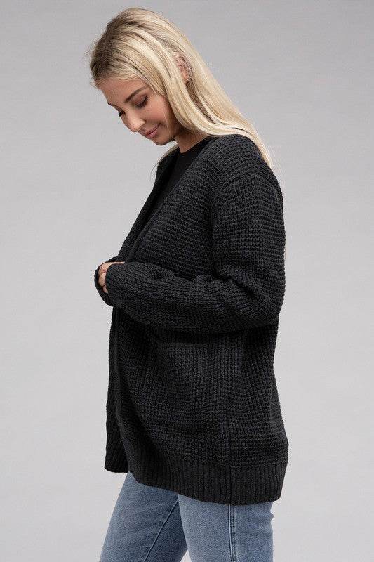 Zenana Low Gauge Waffle Open Cardigan Sweater - Rosa Apparel