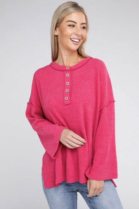Zenana Ribbed Brushed Melange Hacci Henley Sweater - Rosa Apparel