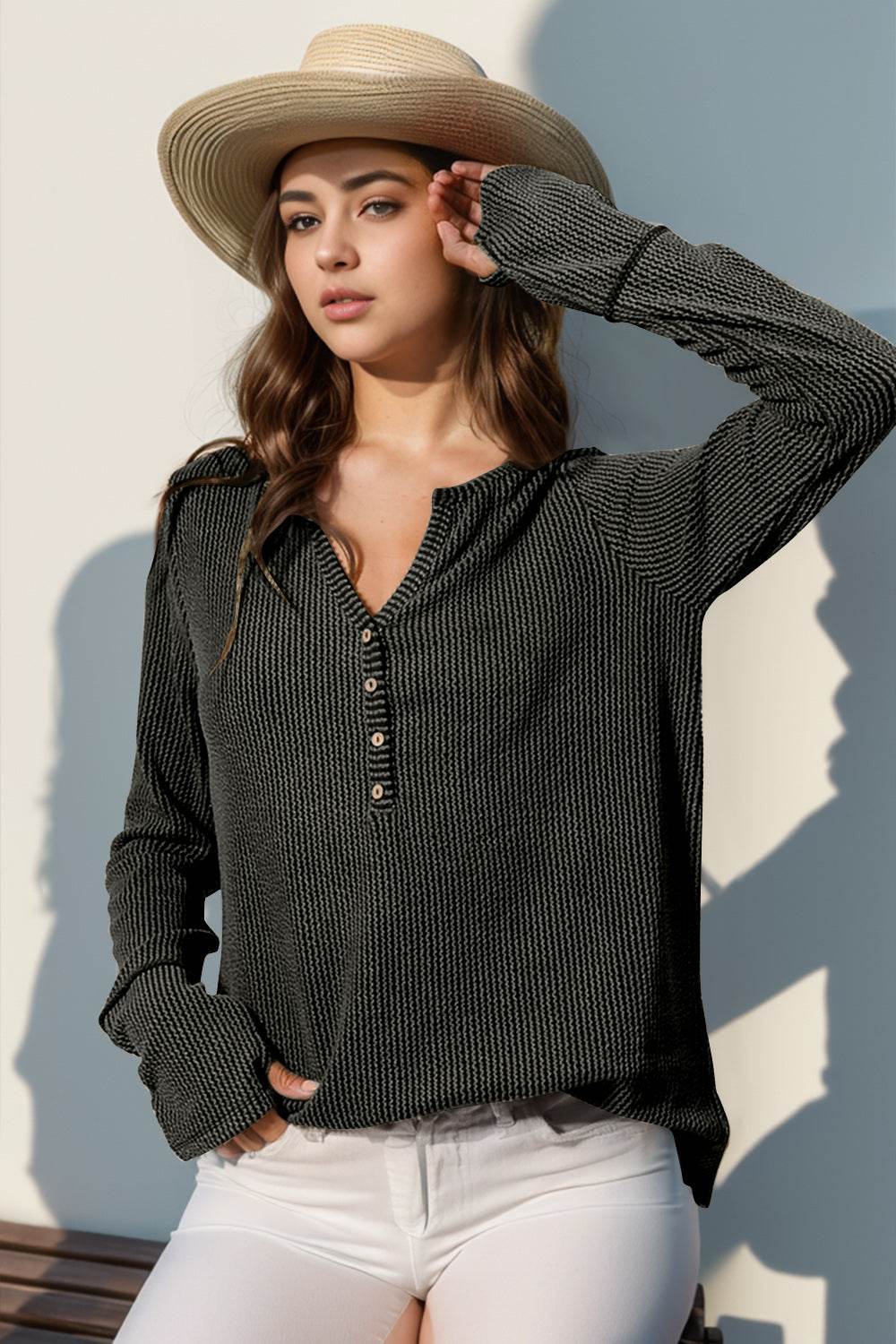 Double Take Full Size Notched Thumbhole Long Sleeve T-Shirt - Rosa Apparel