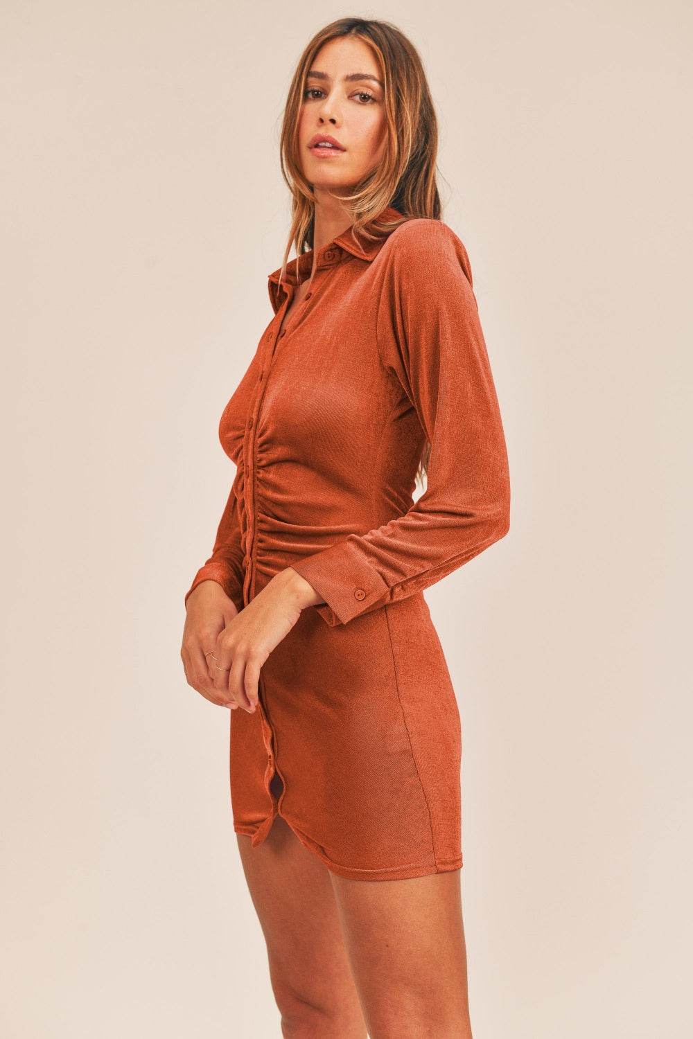 Mable Front Ruched Button-Down Skinny Mini Shirt Dress - Rosa Apparel