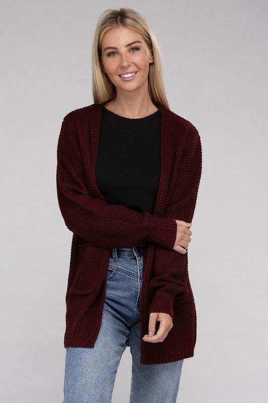 Zenana Low Gauge Waffle Open Cardigan Sweater - Rosa Apparel