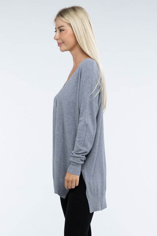Zenana Hi-Low Hem Front Seam V-Neck Sweater - Rosa Apparel