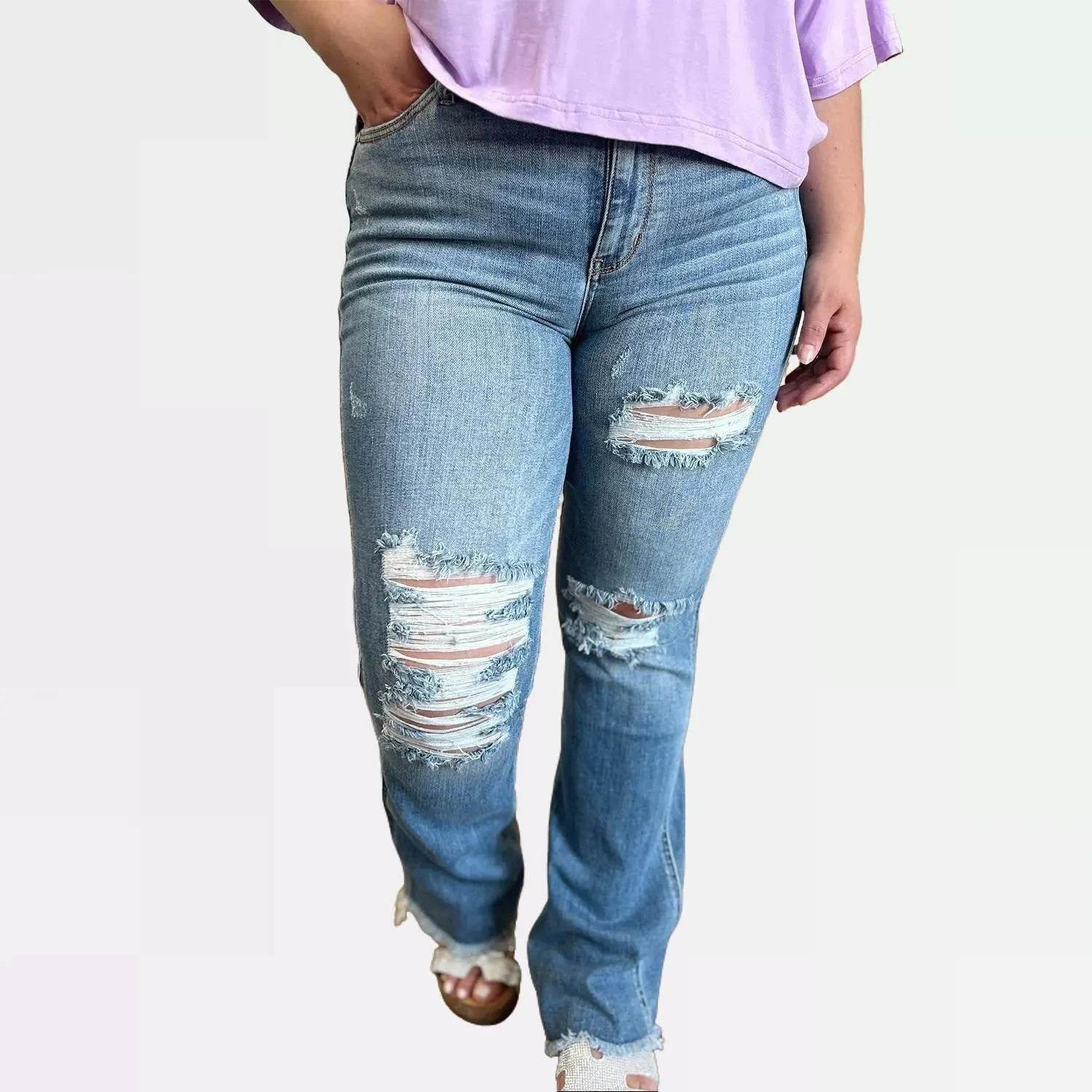 Judy Blue Full Size Distressed Casual Denim Raw Hem Bootcut Jeans Style #: 82542 - Rosa Apparel