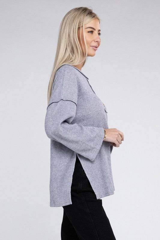 Zenana Ribbed Brushed Melange Hacci Henley Sweater - Rosa Apparel