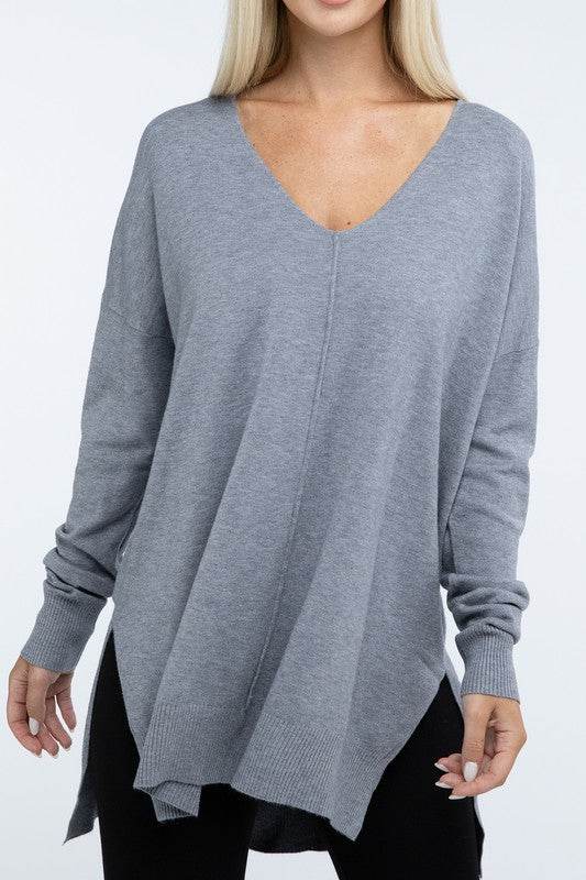Zenana Hi-Low Hem Front Seam V-Neck Sweater - Rosa Apparel