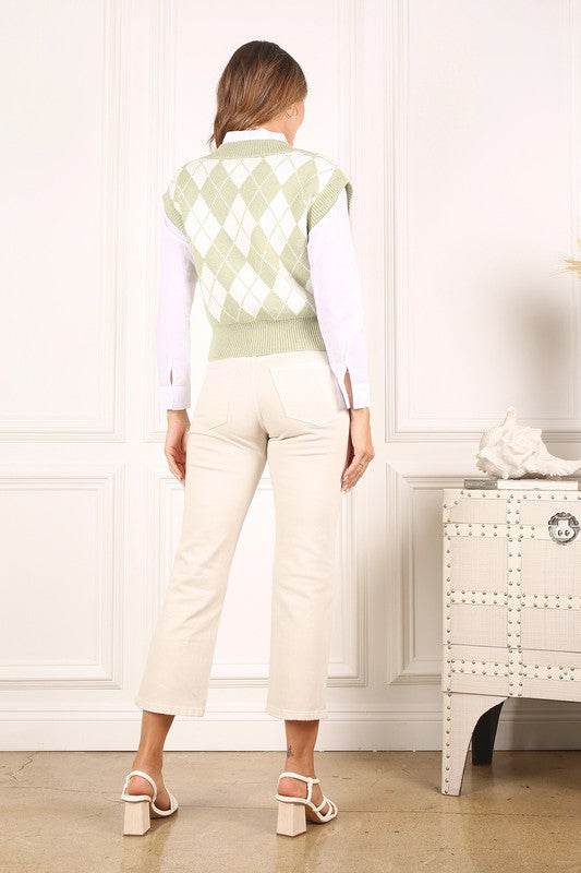 Lilou Knitted Argyle V-Neck Sleeveless Stretch Sweater Vest - Rosa Apparel