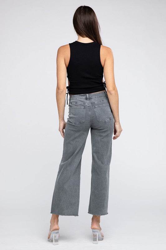 Zenana Acid Wash Frayed Cutoff Hem Straight Wide Jeans Pants - Rosa Apparel