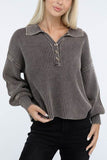 Zenana Washed Collared Henley Hip Length Sweater - Rosa Apparel