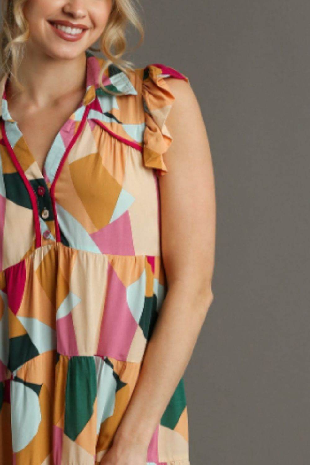 Umgee Full Size Button Detail Ruffle Sleeve Mini Dress Plus Size - Rosa Apparel