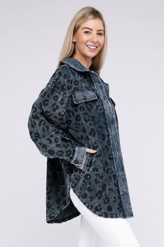 BiBi Vintage Washed Leopard Corduroy Buttoned Jacket - Rosa Apparel