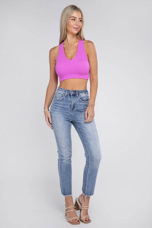 Zenana Sporty Ribbed Cropped Racerback V-Neck Sleeveless Tank Top - Rosa Apparel