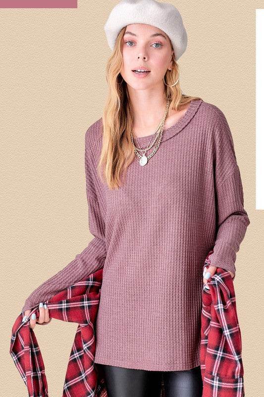 La Miel Bree Waffle Relaxed Raw Edge Boat Neck Sweater - Rosa Apparel
