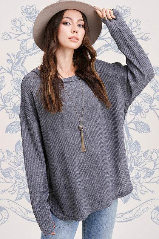 La Miel Bree Waffle Relaxed Raw Edge Boat Neck Sweater - Rosa Apparel