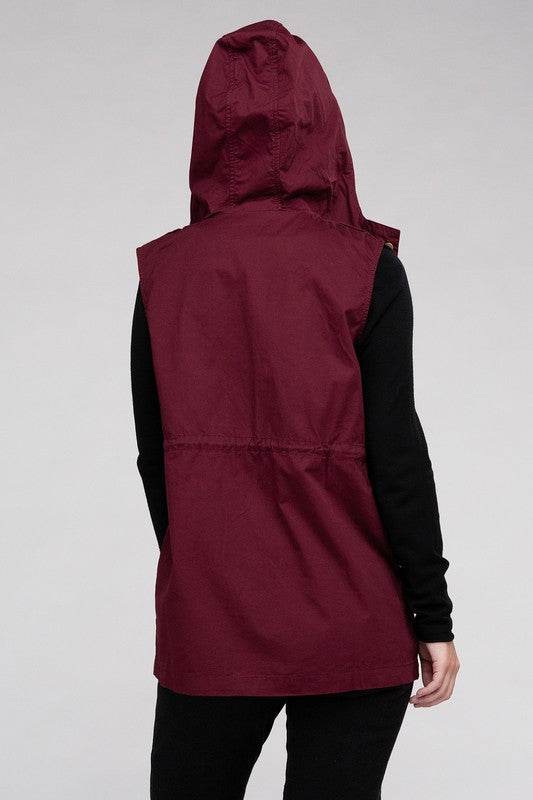 Zenana Drawstring Waist Sleeveless Military Hoodie Vest - Rosa Apparel