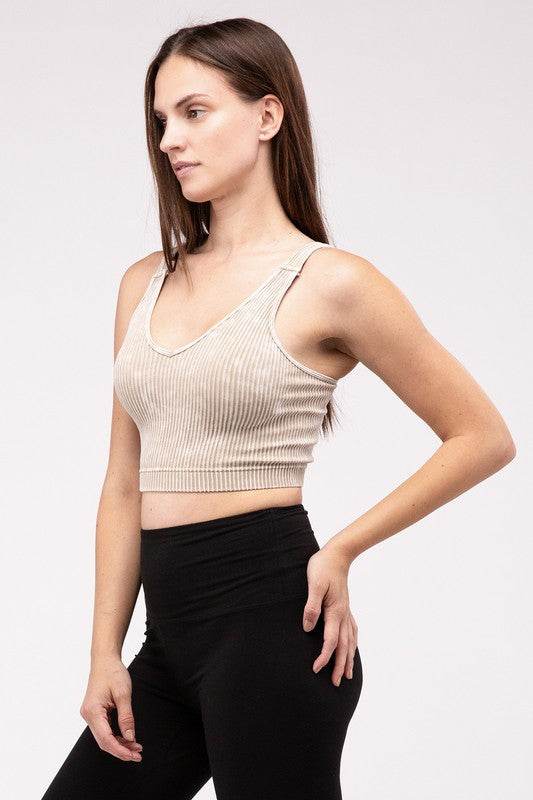 Zenana Casual Washed Ribbed Cropped V-Neck Sleevless Tank Top - Rosa Apparel