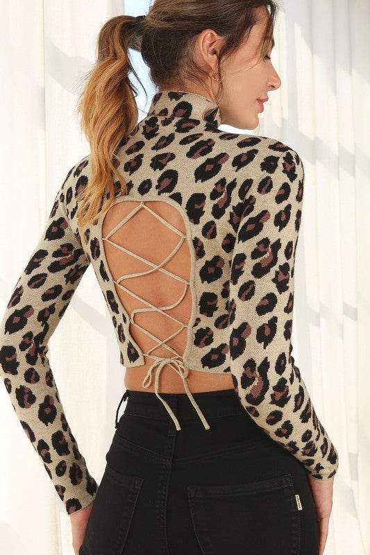Lilou Mock Neck Lace-Up Open Back Long Sleeves Top - Rosa Apparel
